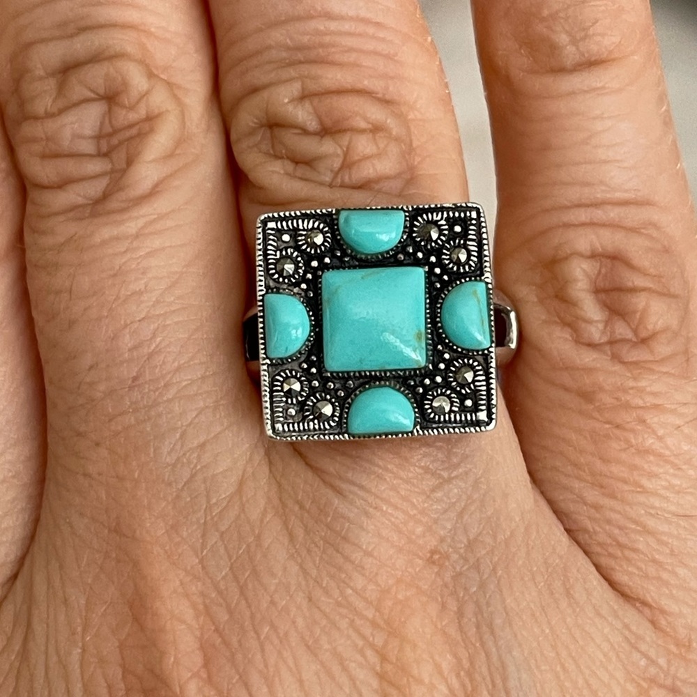 Turquoise marcasite sterling silver ring - Picture 6 of 8